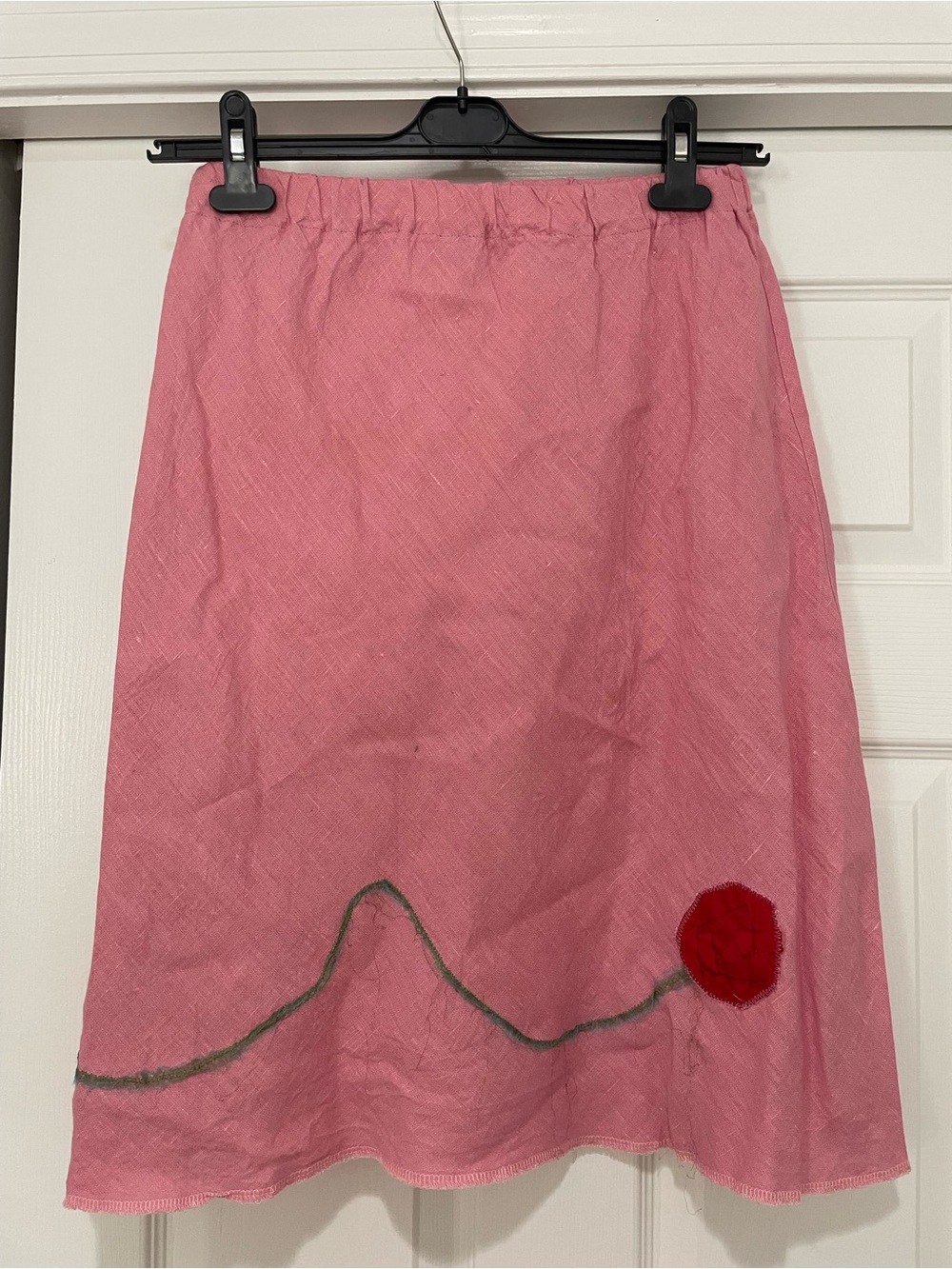 Pink Linen Handmade A-Line Skirt with Floral Accent